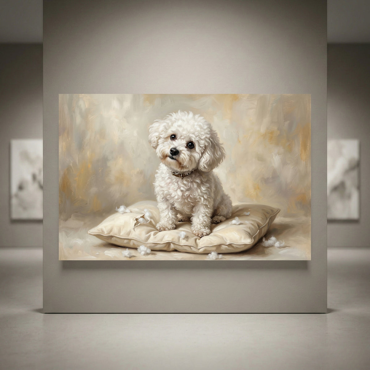 White Bichon Frise Stretched Canvas Wall Art, Soft Dog Portrait Print, Elegant Bedroom Decor