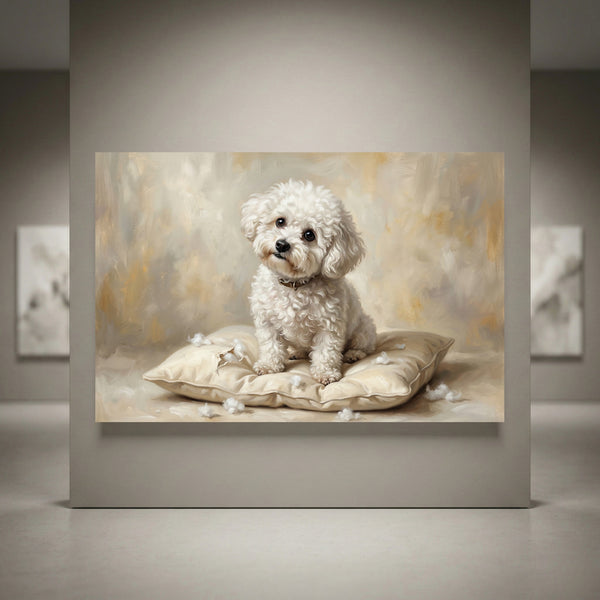 White Bichon Frise Stretched Canvas Wall Art, Soft Dog Portrait Print, Elegant Bedroom Decor