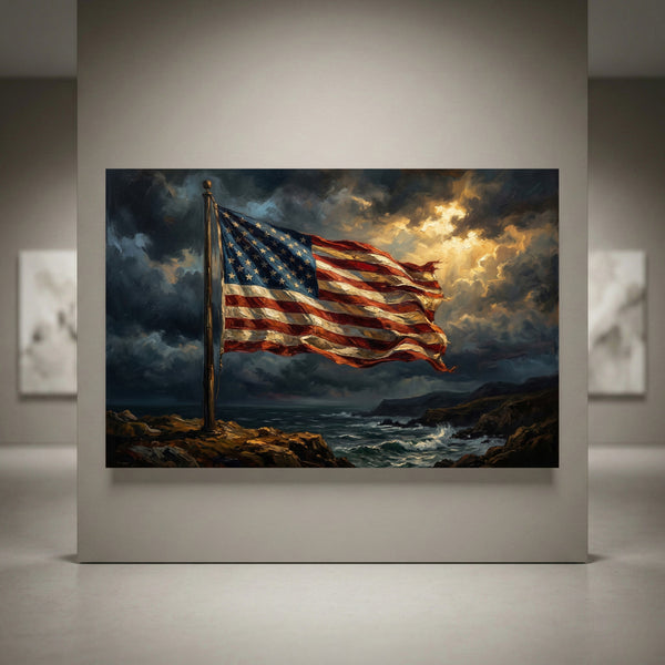 American Flag Coastal Canvas Wall Art, Dramatic Patriotic Seascape Print, Rustic Living Room Decor