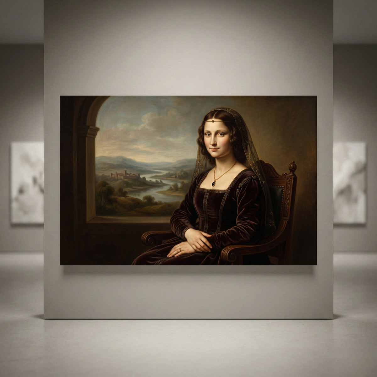 Renaissance style portrait canvas print of a woman similar to Mona Lisa, wearing a dark gown, necklace, and headpiece, with a landscape background.
