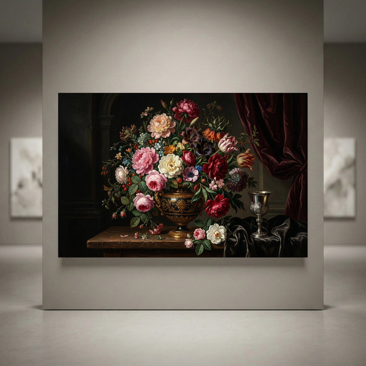Classical still life canvas print featuring a rich floral bouquet in a golden vase, with red velvet and a silver goblet.