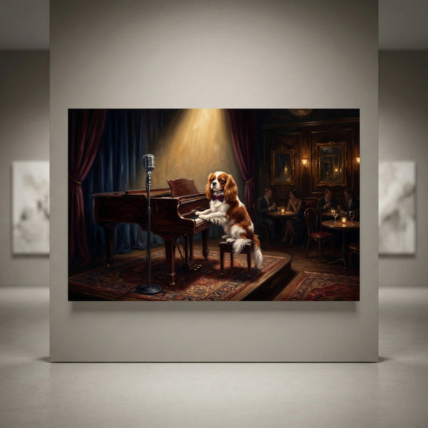 Cavalier King Charles Spaniel dog playing piano on stage in a sophisticated jazz club, oil painting style canvas print.