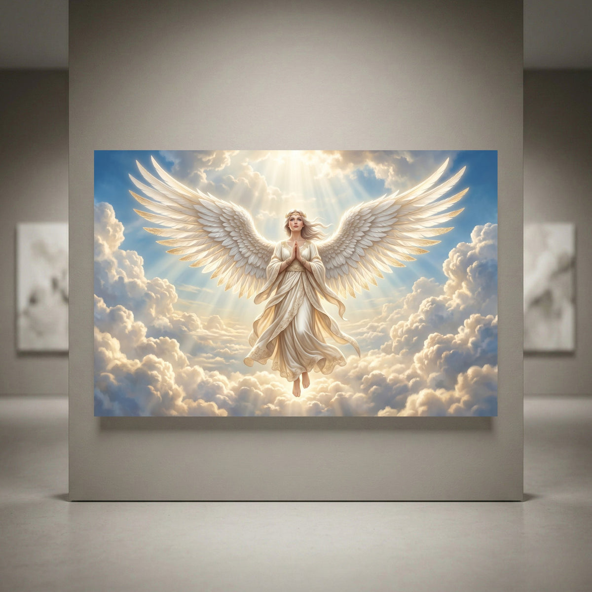 Ethereal angel canvas print with large white wings, praying, floating in a cloudy sky with bright divine light.