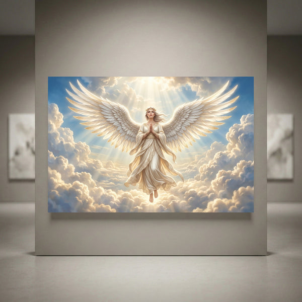Ethereal angel canvas print with large white wings, praying, floating in a cloudy sky with bright divine light.
