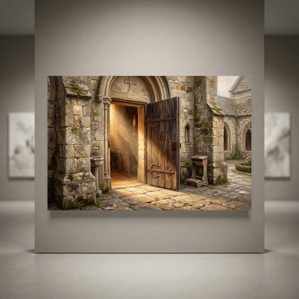 Ancient stone church entrance with open wooden door, golden sunbeams and dust motes, oil painting style canvas print.
