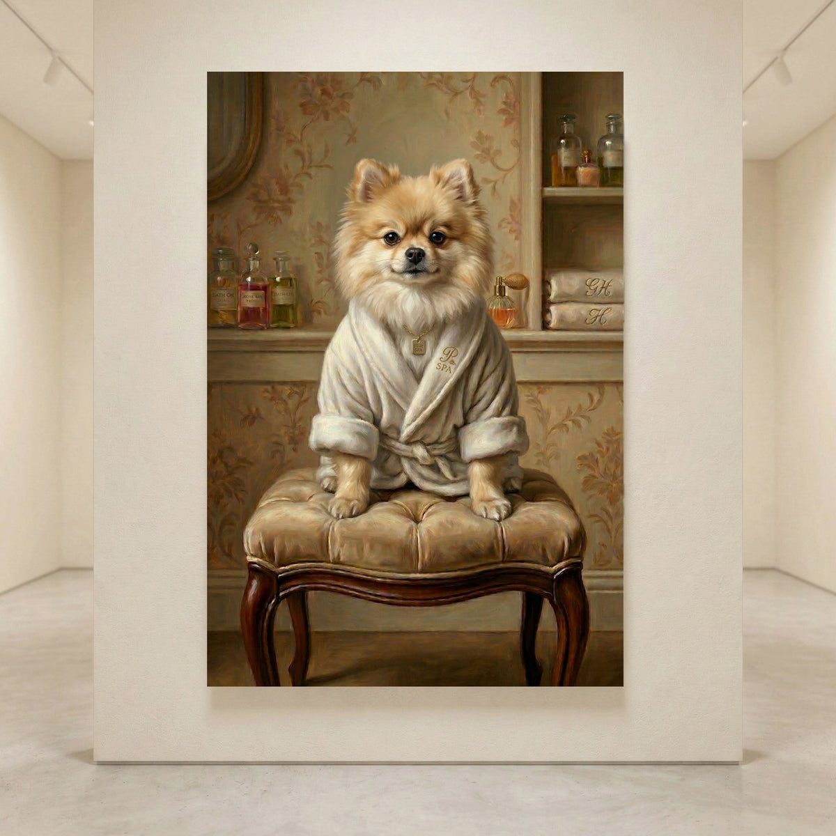 Pomeranian dog in a white bathrobe sitting on an elegant stool, classic oil painting style canvas print pet portrait.