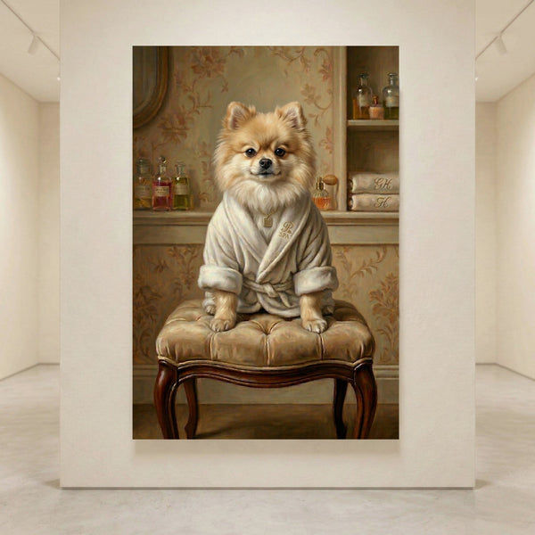 Pomeranian dog in a white bathrobe sitting on an elegant stool, classic oil painting style canvas print pet portrait.