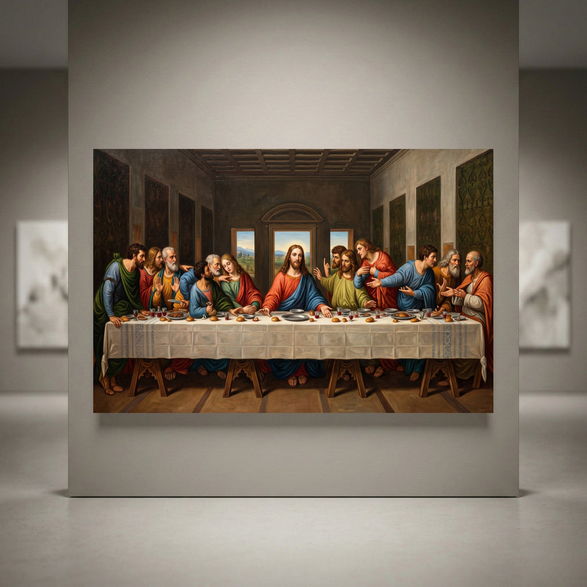 The Last Supper classic art style canvas print, depicting Jesus and disciples at a long table, displayed in a modern gallery.