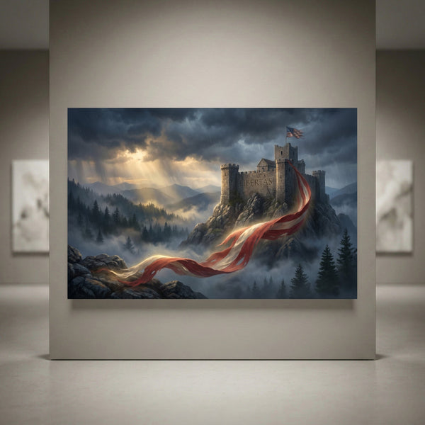 Patriotic castle art print with American flag, 'LIBERTAS' text, flowing red and white banner, stormy mountains, pine trees.