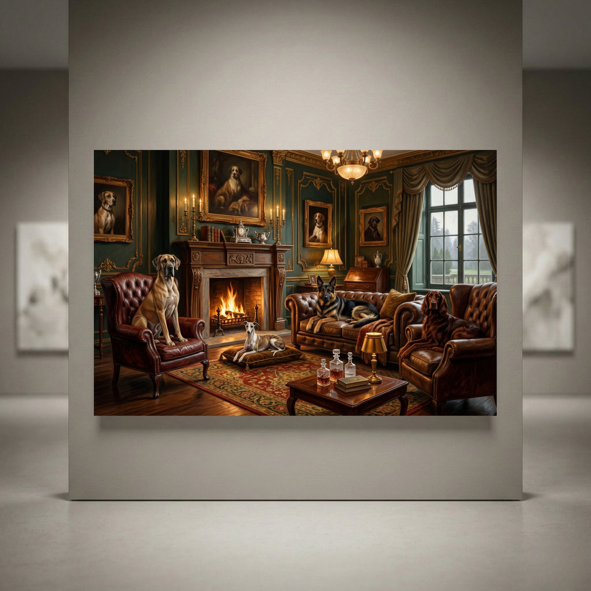 Oil painting style canvas print of aristocratic dogs in a luxurious, traditional living room with fireplace and antique furniture.