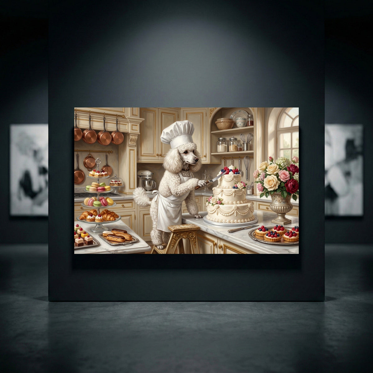 White poodle chef in a classic kitchen decorating a cake, surrounded by pastries and flowers, in an elegant oil painting style.