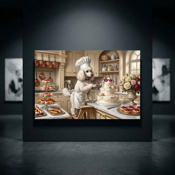 White poodle chef in a classic kitchen decorating a cake, surrounded by pastries and flowers, in an elegant oil painting style.