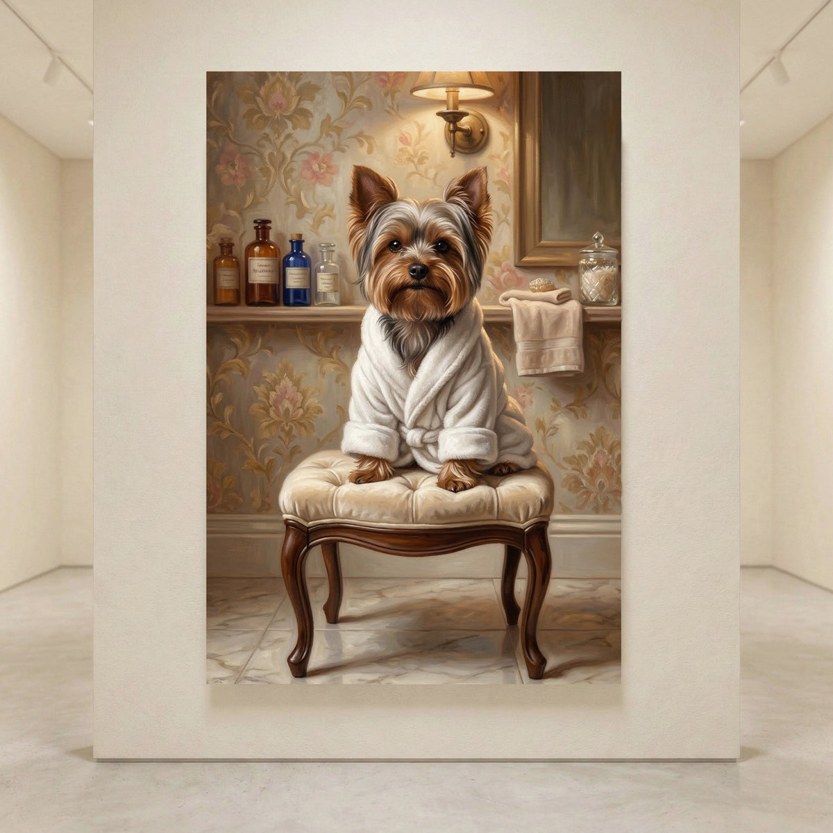 Yorkshire Terrier in white robe on a stool, elegant floral bathroom setting, oil painting style canvas print.