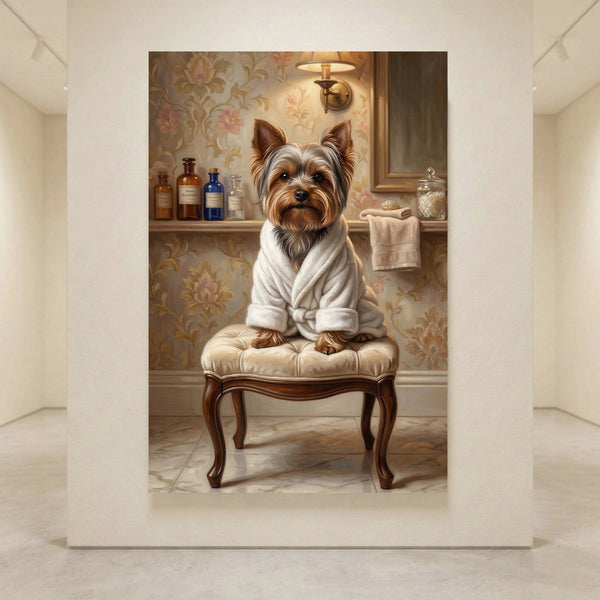 Yorkshire Terrier in white robe on a stool, elegant floral bathroom setting, oil painting style canvas print.