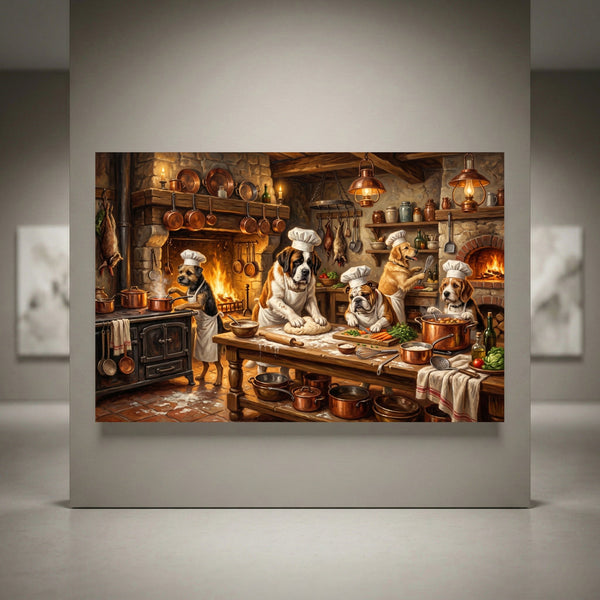 Humorous chef dogs cooking in a rustic kitchen, oil painting style canvas print. St. Bernard, Bulldog, Golden Retriever.