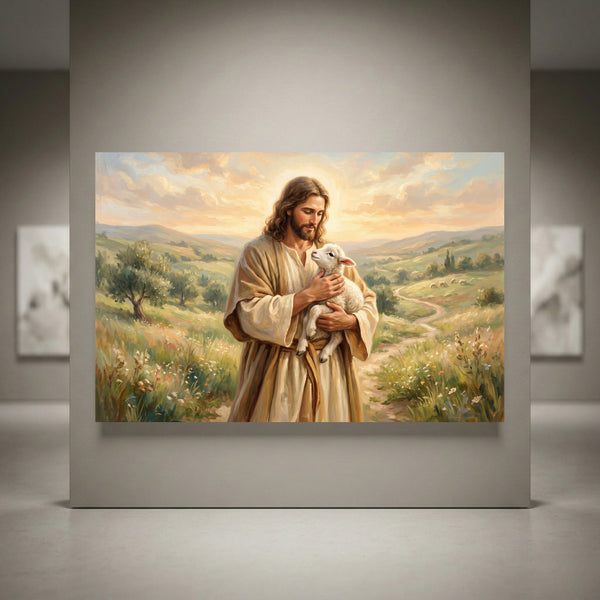Jesus Christ Good Shepherd canvas print, holding a lamb in a serene pastoral landscape, oil painting style, spiritual art.