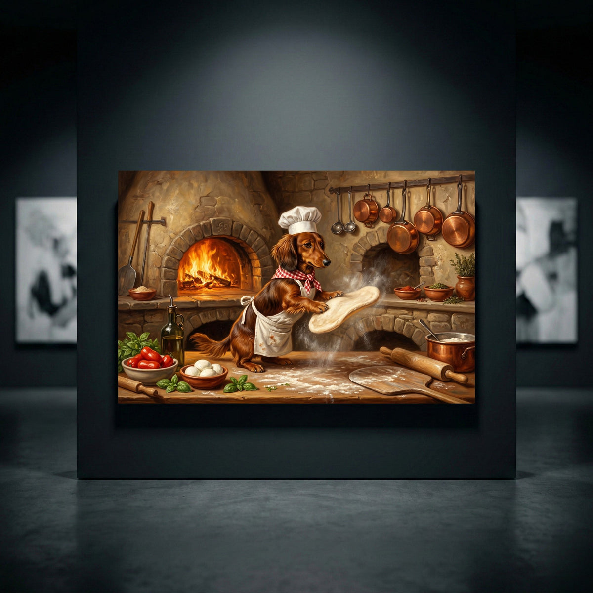 Funny dachshund chef in a white apron and hat tossing pizza dough in a rustic kitchen with a brick oven, oil painting style.