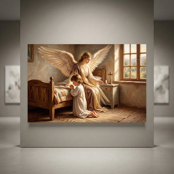 Spiritual canvas print of guardian angel with large wings watching over a child praying by a bed, oil painting style.