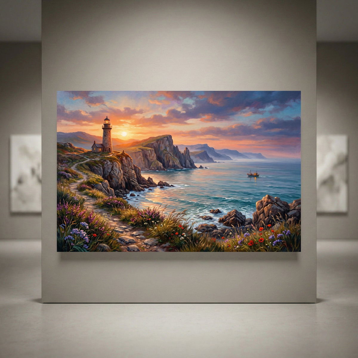 Coastal lighthouse sunset canvas print, vibrant oil painting style of ocean cliffs, wildflowers, and a small boat.