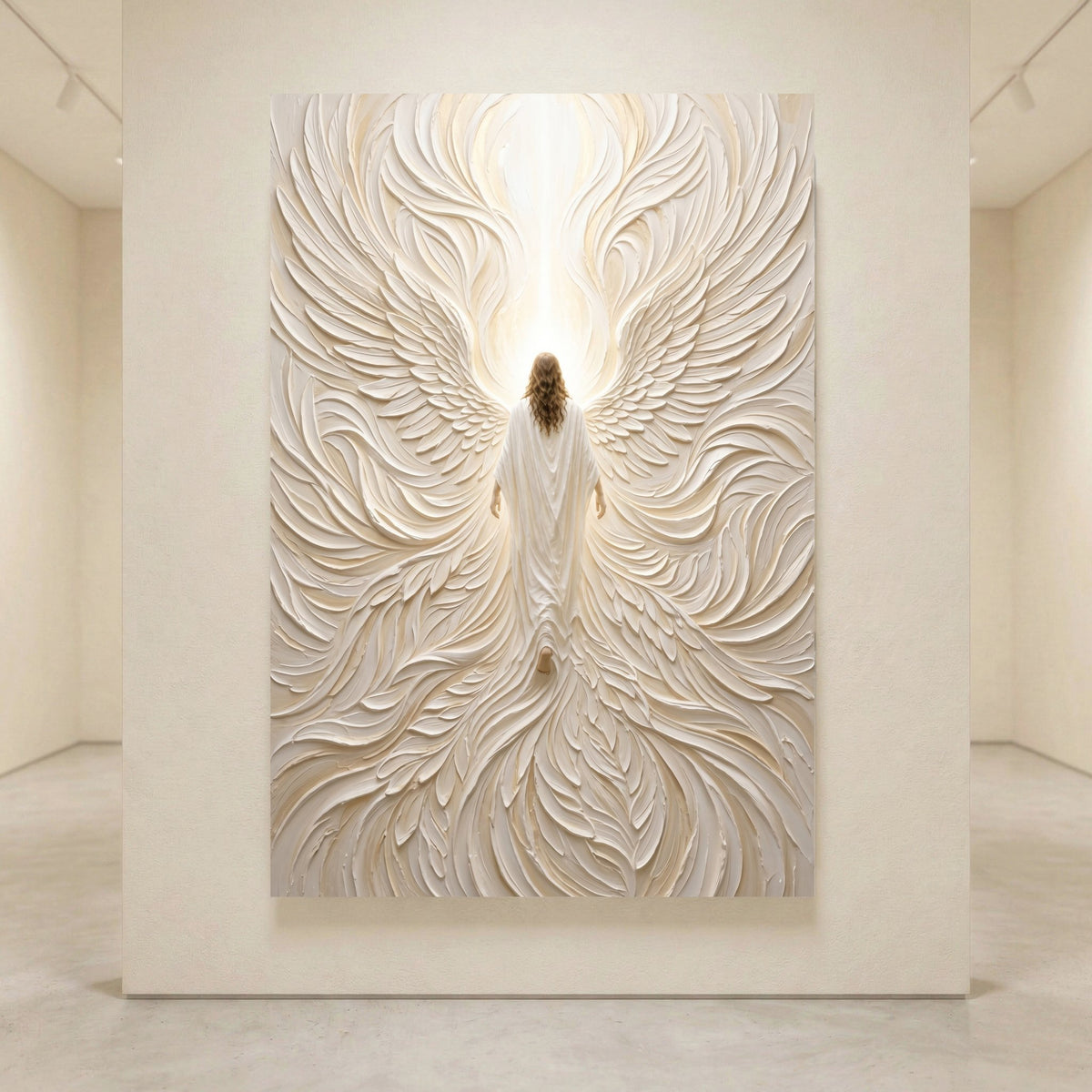 Textured white angelic figure canvas print with expansive wings and radiant light, ideal for spiritual home decor.