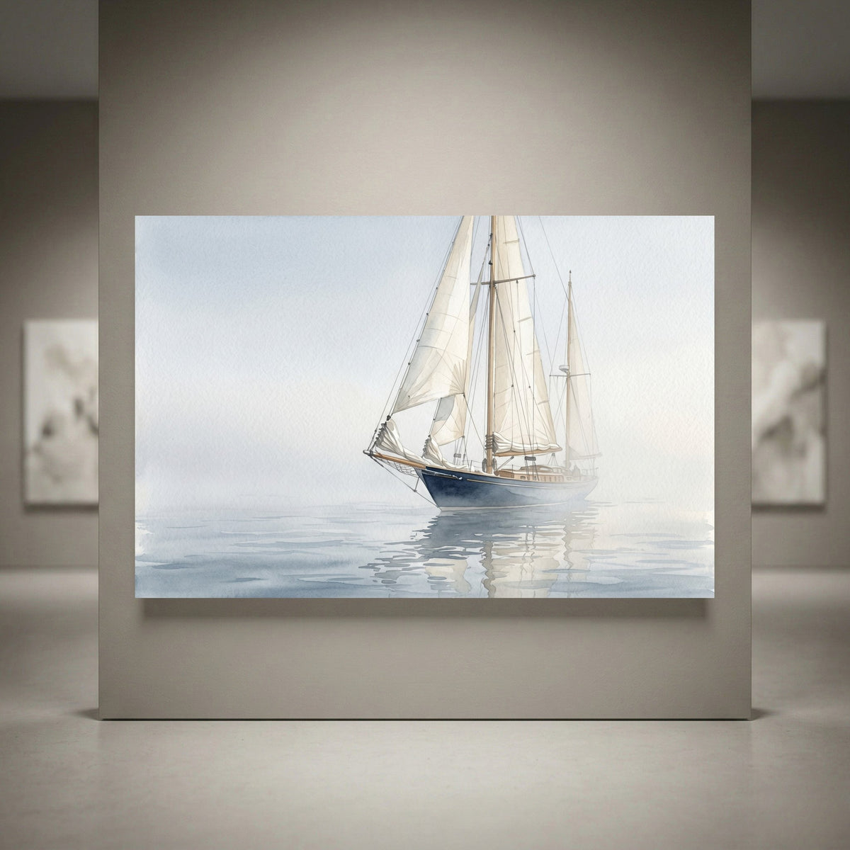 Watercolor style canvas print of a classic sailboat on a misty, calm ocean with reflections.