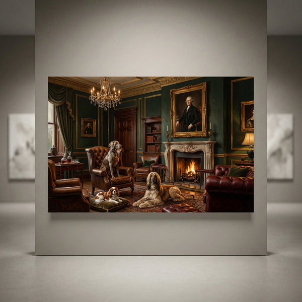 Oil painting style canvas print of three dogs (Weimaraner, Cavalier, Afghan Hound) in an opulent green study with fireplace.