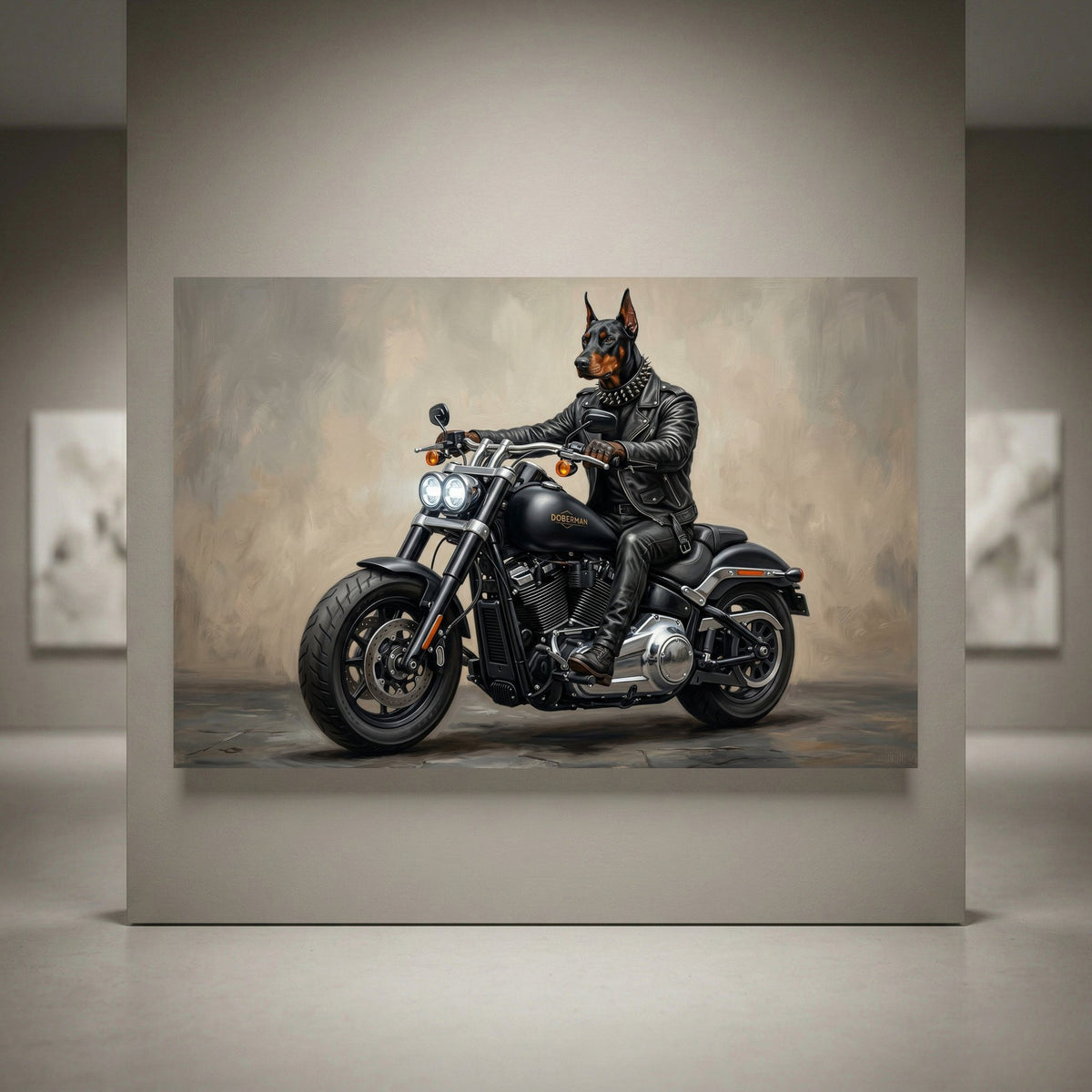 Doberman dog in biker jacket riding motorcycle canvas print, oil painting style. Black Harley-Davidson inspired art.