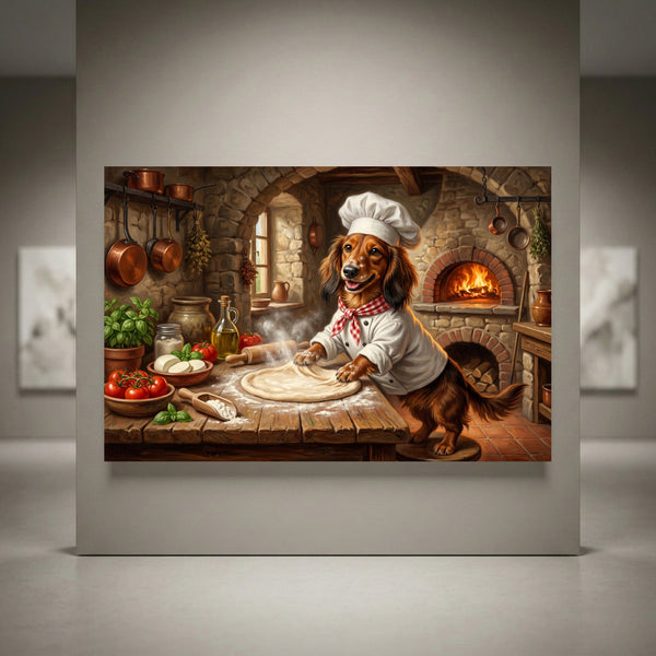 Cute Dachshund chef in a rustic kitchen making pizza, surrounded by fresh ingredients and a brick oven, oil painting style.