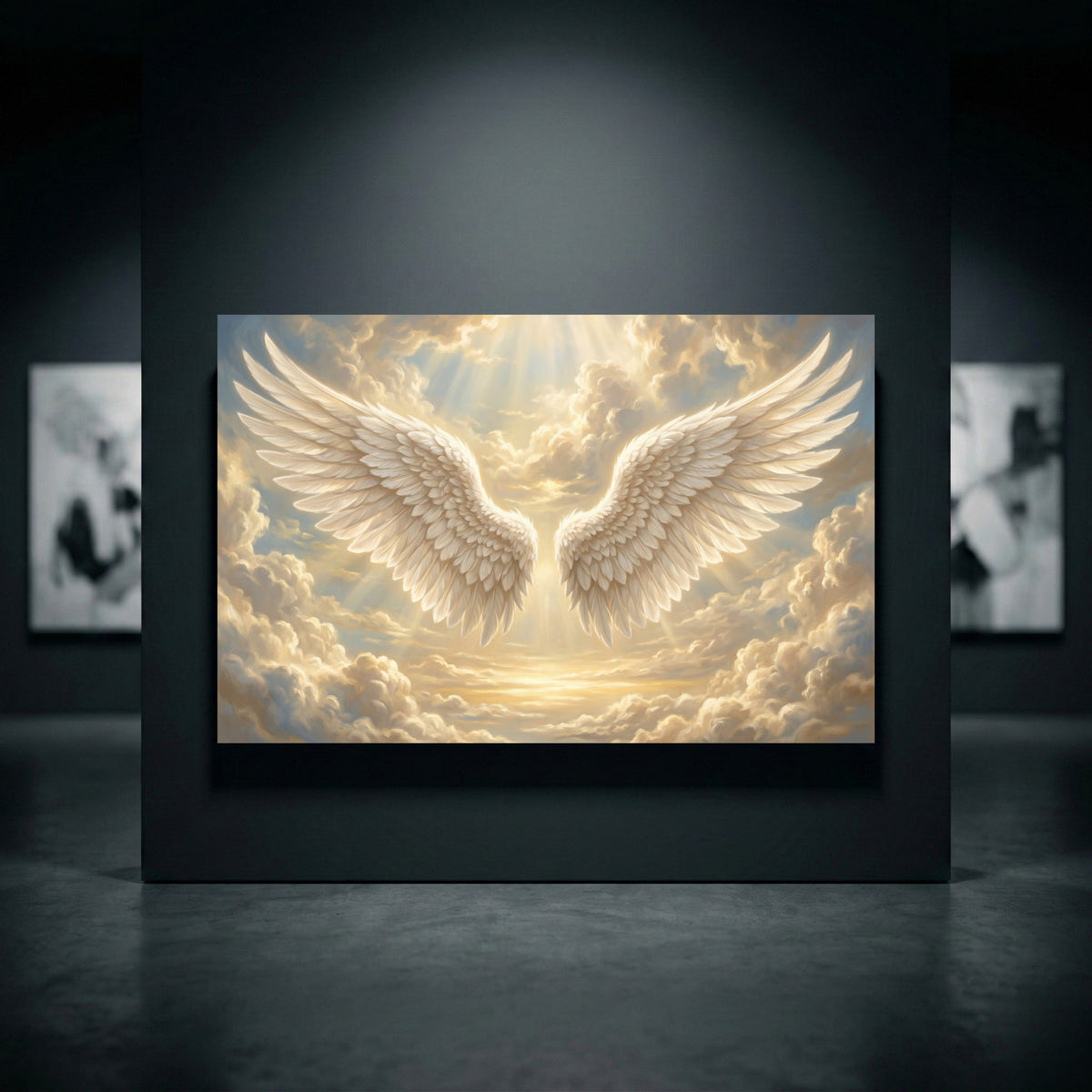Ethereal angel wings canvas print amidst golden clouds with divine light rays, spiritual artwork for home decor.
