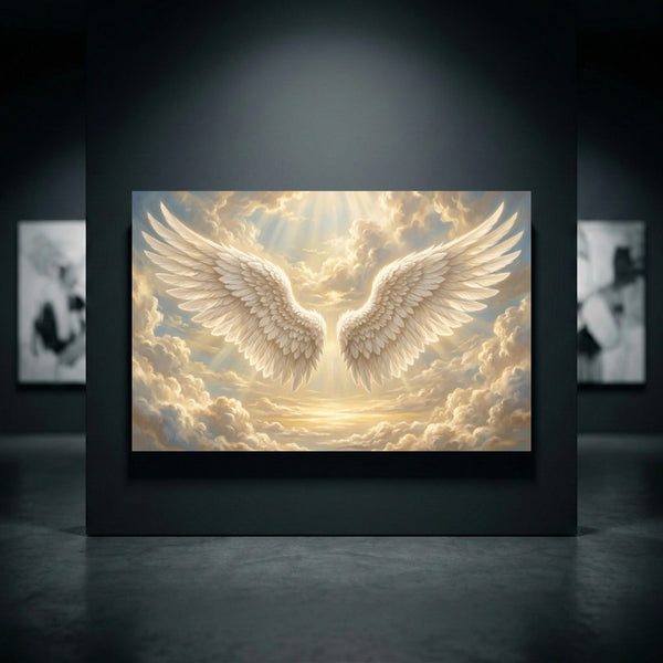 Ethereal angel wings canvas print amidst golden clouds with divine light rays, spiritual artwork for home decor.