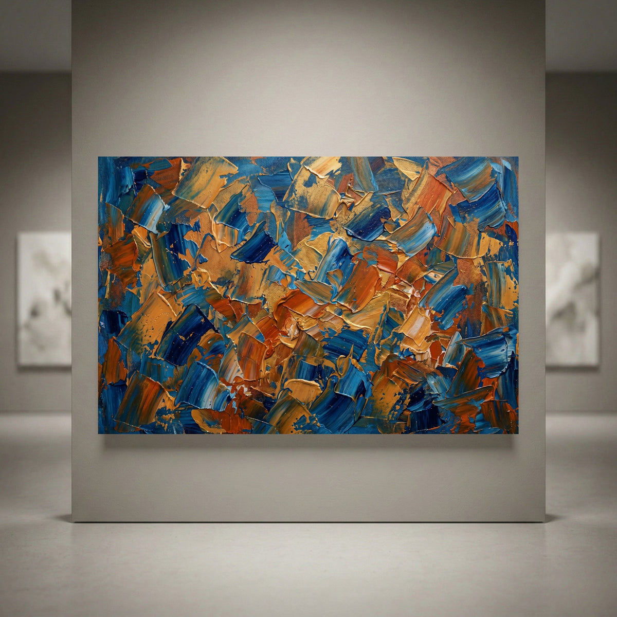 Abstract textured canvas print art with bold blue, orange, and gold palette knife strokes. Modern gallery wall decor.