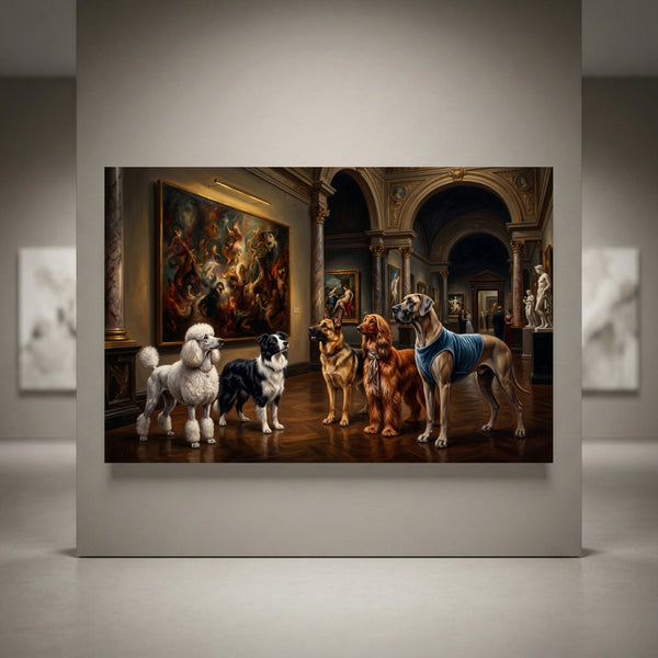 Canvas print of diverse dogs in an ornate museum, gazing at a painting, in rich oil painting style artwork.