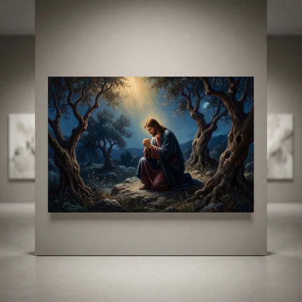 Jesus praying in Gethsemane oil painting style canvas print, surrounded by olive trees under moonlight with divine light.