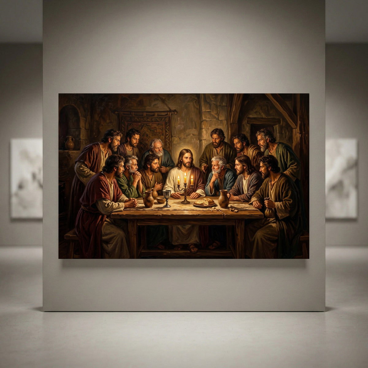 The Last Supper oil painting style canvas print, depicting Jesus and twelve disciples at a table with candles.