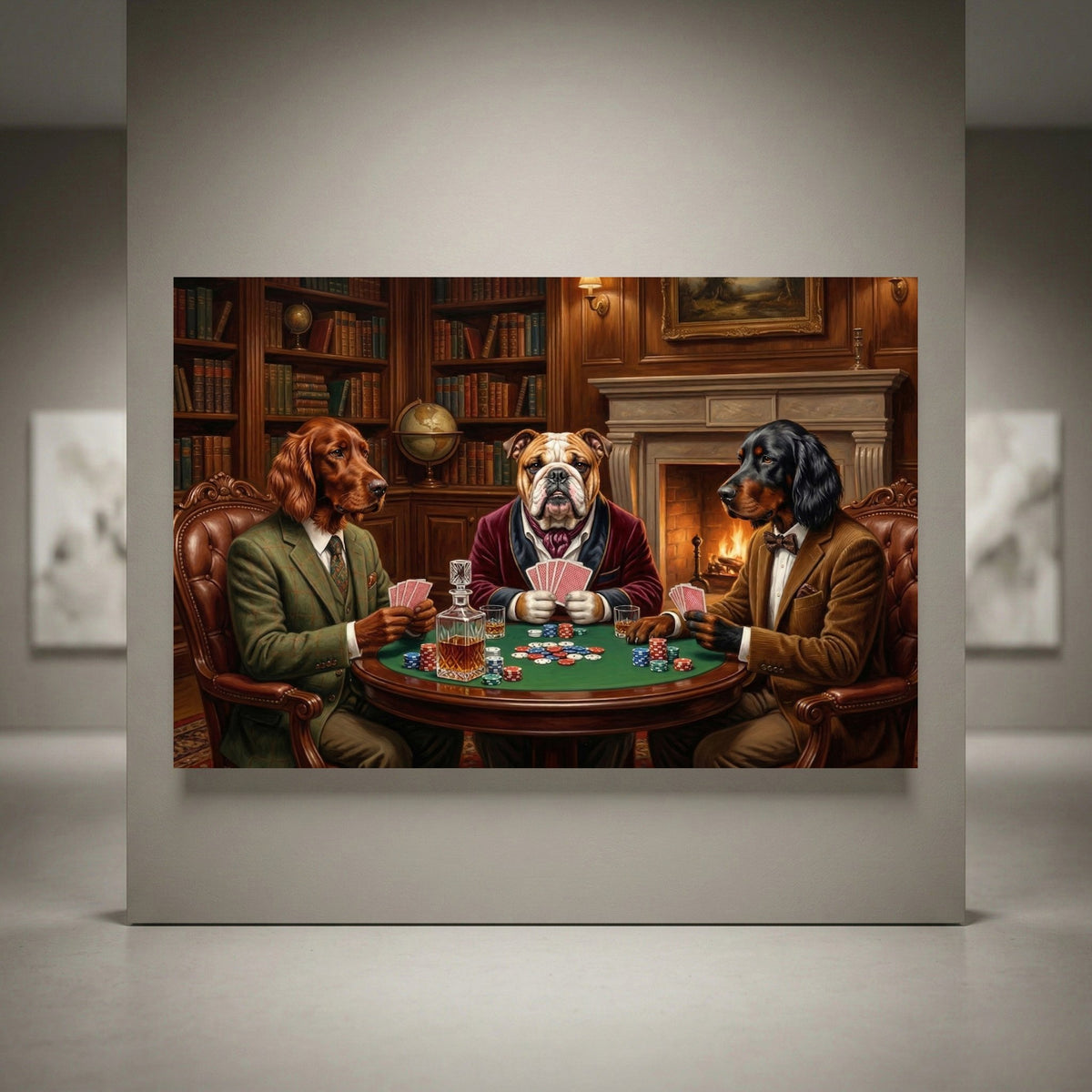 Realistic oil painting canvas print of three dogs (setter, bulldog) playing poker in a richly detailed library with fireplace.