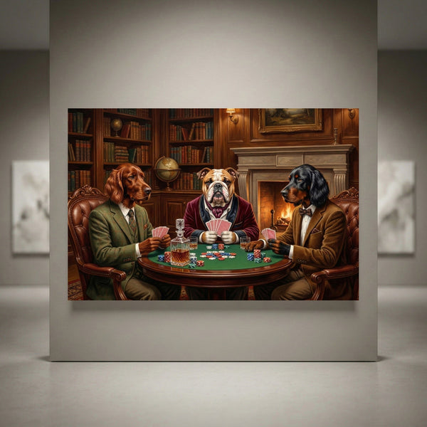 Realistic oil painting canvas print of three dogs (setter, bulldog) playing poker in a richly detailed library with fireplace.