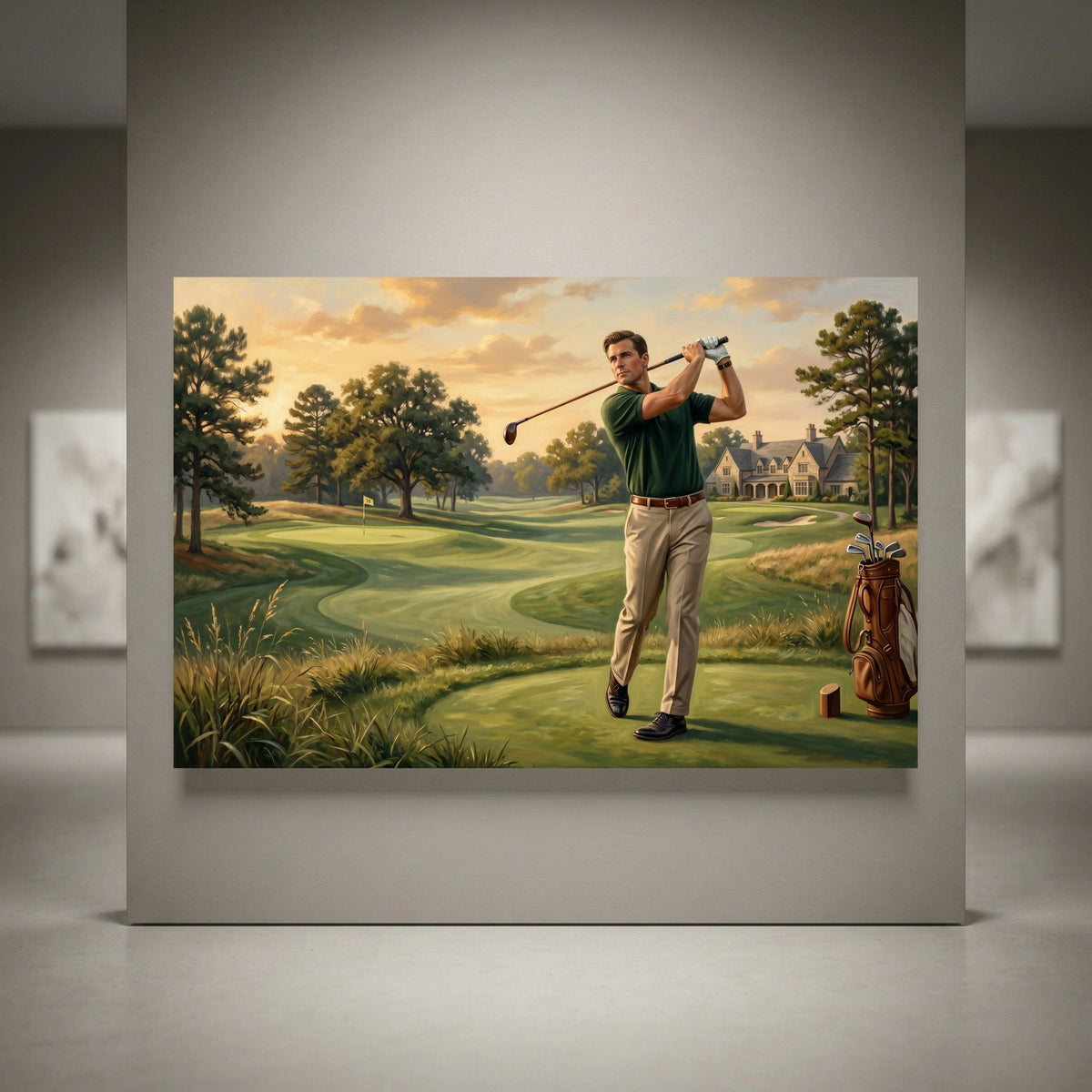 Oil painting style canvas print of a golfer in mid-swing on a scenic green golf course with a clubhouse, elegant decor.