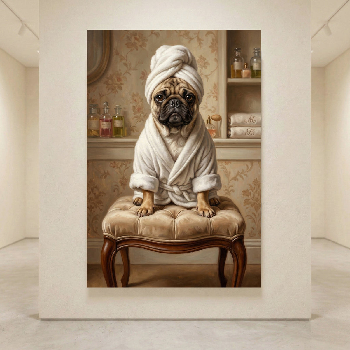 Oil painting style canvas print of a cute pug dog wearing a white bathrobe and towel on a fancy stool, bathroom scene.