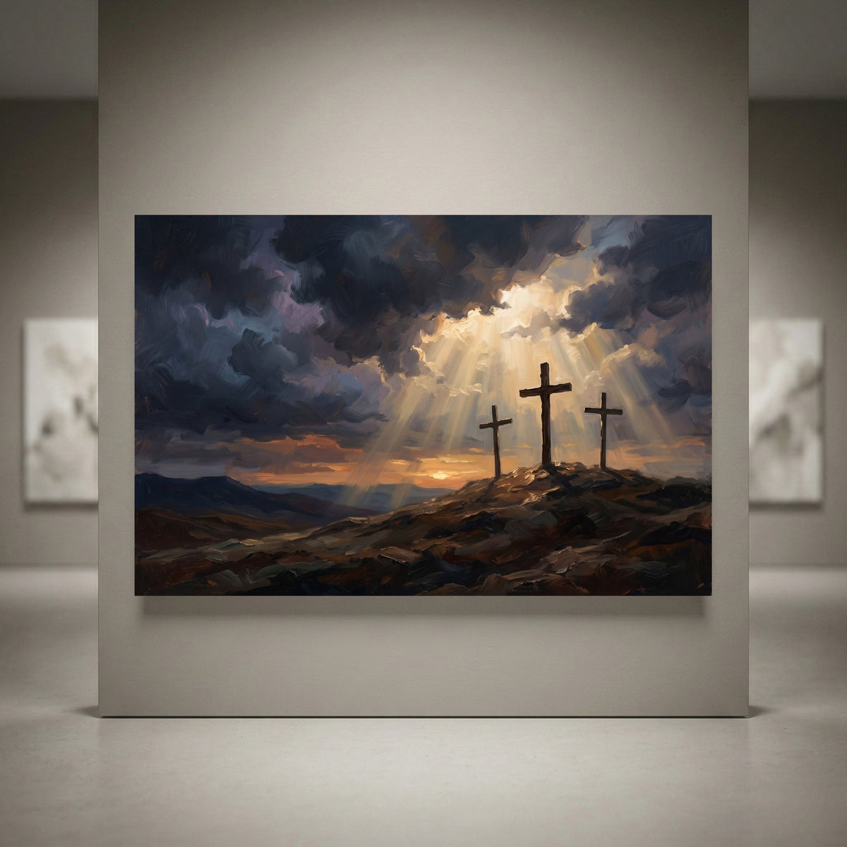 Dramatic canvas print of three crosses on a hill with sun rays breaking through dark, stormy clouds in an oil painting style.