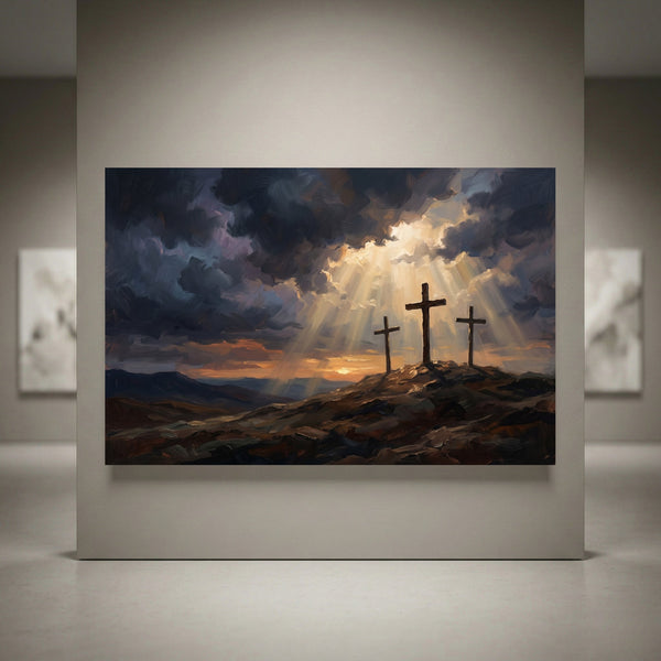 Dramatic canvas print of three crosses on a hill with sun rays breaking through dark, stormy clouds in an oil painting style.