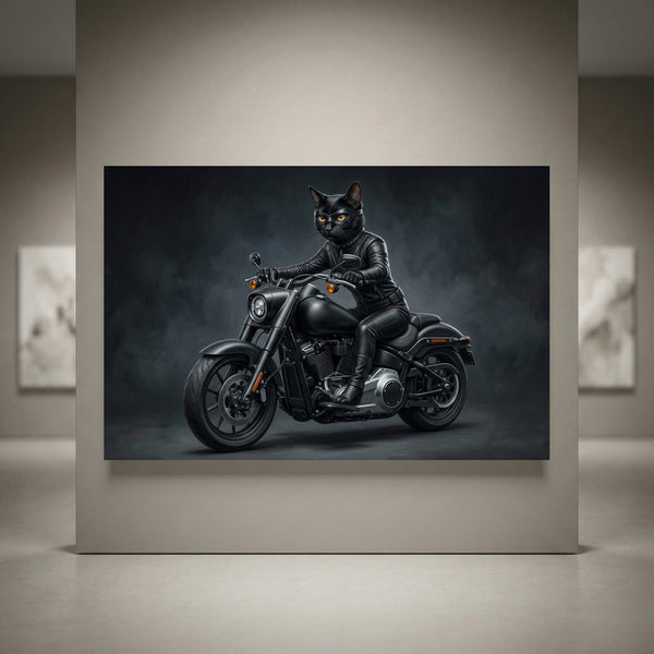 Black cat in leather biker suit and mask riding a black motorcycle, dark background, canvas print wall art.