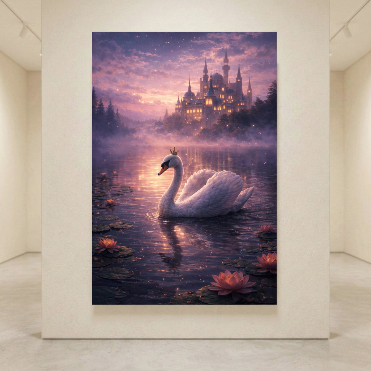 Fantasy canvas print of a crowned swan on a lake with glowing water lilies, a magical castle, and a starry purple sunset sky.