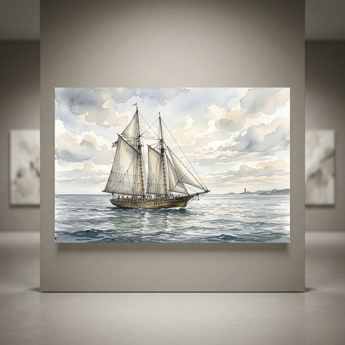 Watercolor style canvas print featuring a large schooner ship sailing on the ocean under cloudy skies with a lighthouse.