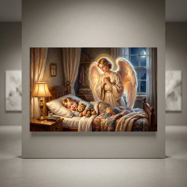 Guardian angel watching over a sleeping child with a teddy bear in a warm, moonlit bedroom canvas print art.