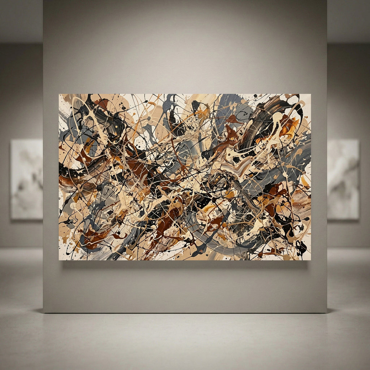 Abstract splatter art canvas print featuring beige, brown, black, and grey tones in a modern art gallery setting.