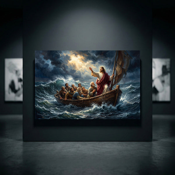 Dramatic Jesus calming storm canvas print with disciples in a boat on stormy seas, divine light, faith art.