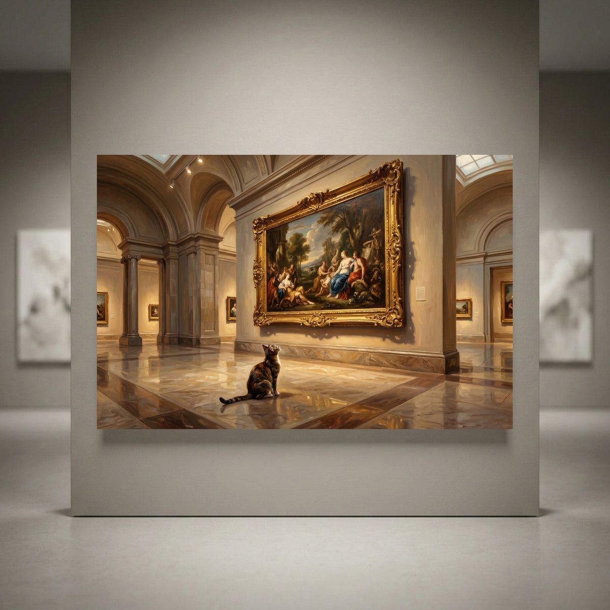Calico cat in a grand art museum looking at a large classical painting, elegant oil painting style canvas print.