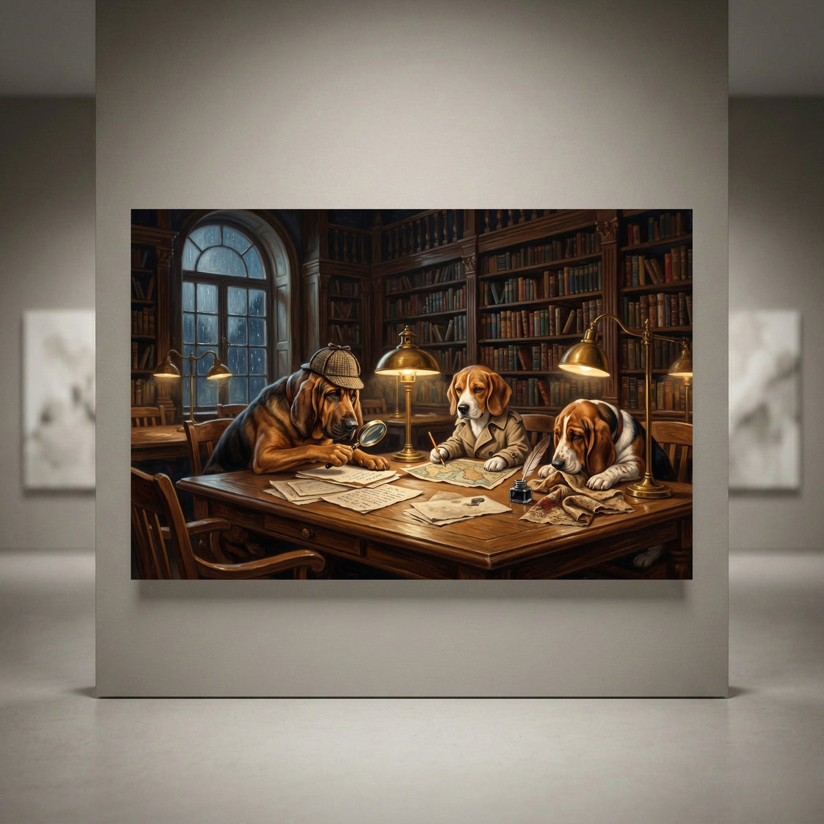 Detective dogs in library oil painting style canvas print. Three dog detectives at a desk with maps, magnifying glass, ink.