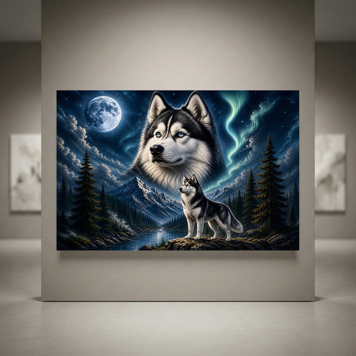 Majestic husky dog canvas print featuring a detailed headshot and a full body husky in a moonlit, aurora-filled mountain landscape.