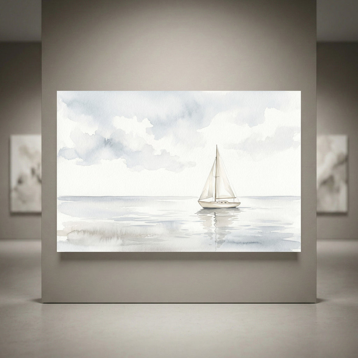 Minimalist watercolor style canvas print featuring a white sailboat on calm blue-gray waters under a cloudy sky. Serene seascape art.